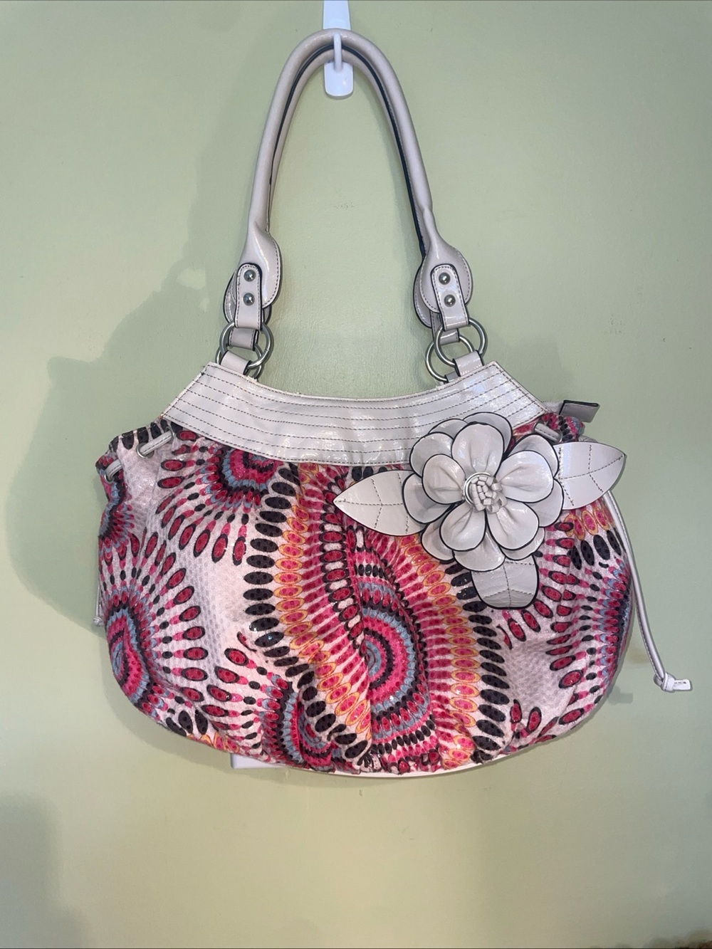 Call it Spring BOHO Pink Multi-Color Floral Accent Shoulder Bag with White Trim